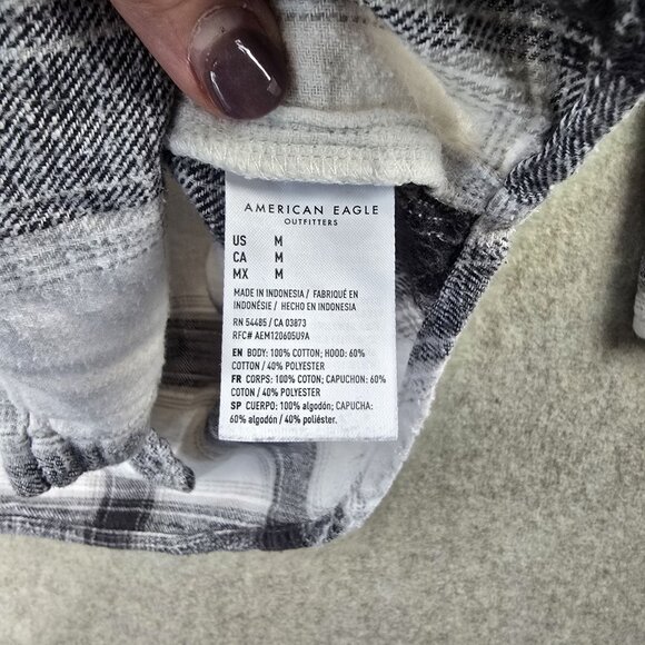 American Eagle Hooded Plaid Button-Up Shirt Black/White Size M Cotton Blend - Picture 6 of 9